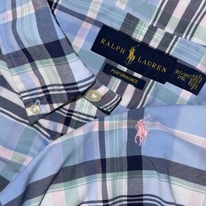 Polo Ralph Lauren Performance Long Sleeve Button Down Mens 2XLT Green Blue Plaid